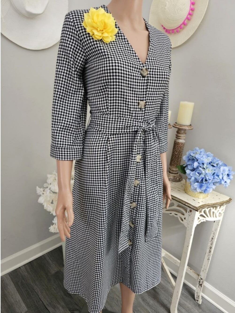 Mango Black & White Gingham Midi Shirtdress